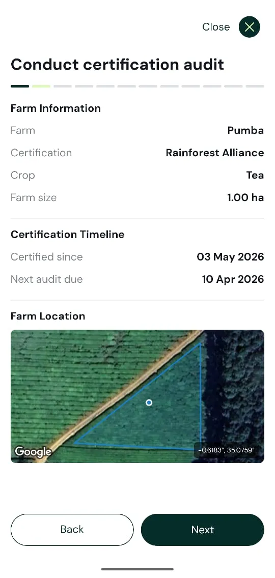 sproot mobile app, Conduct certification audit screen showing Farm Information (Pumba, Rainforest Alliance, Tea, 1.00 ha), Certification Timeline and a satellite view of the farm boundary