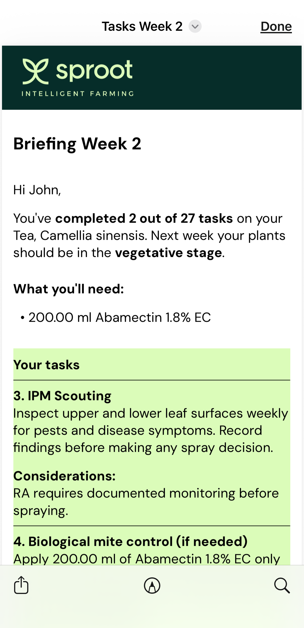 Tasks Week 2 PDF preview, sproot Briefing Week 2 for John: completed 2 of 27 tasks on Tea, vegetative stage, list of what is needed (200ml Abamectin) and the week's tasks including IPM Scouting and biological mite control