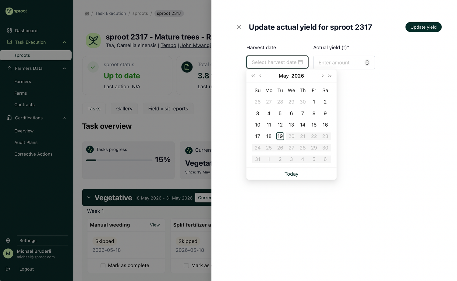 sproot, Update actual yield for sproot 2317 with a harvest date picker (May 2026, today highlighted) and an Actual yield input